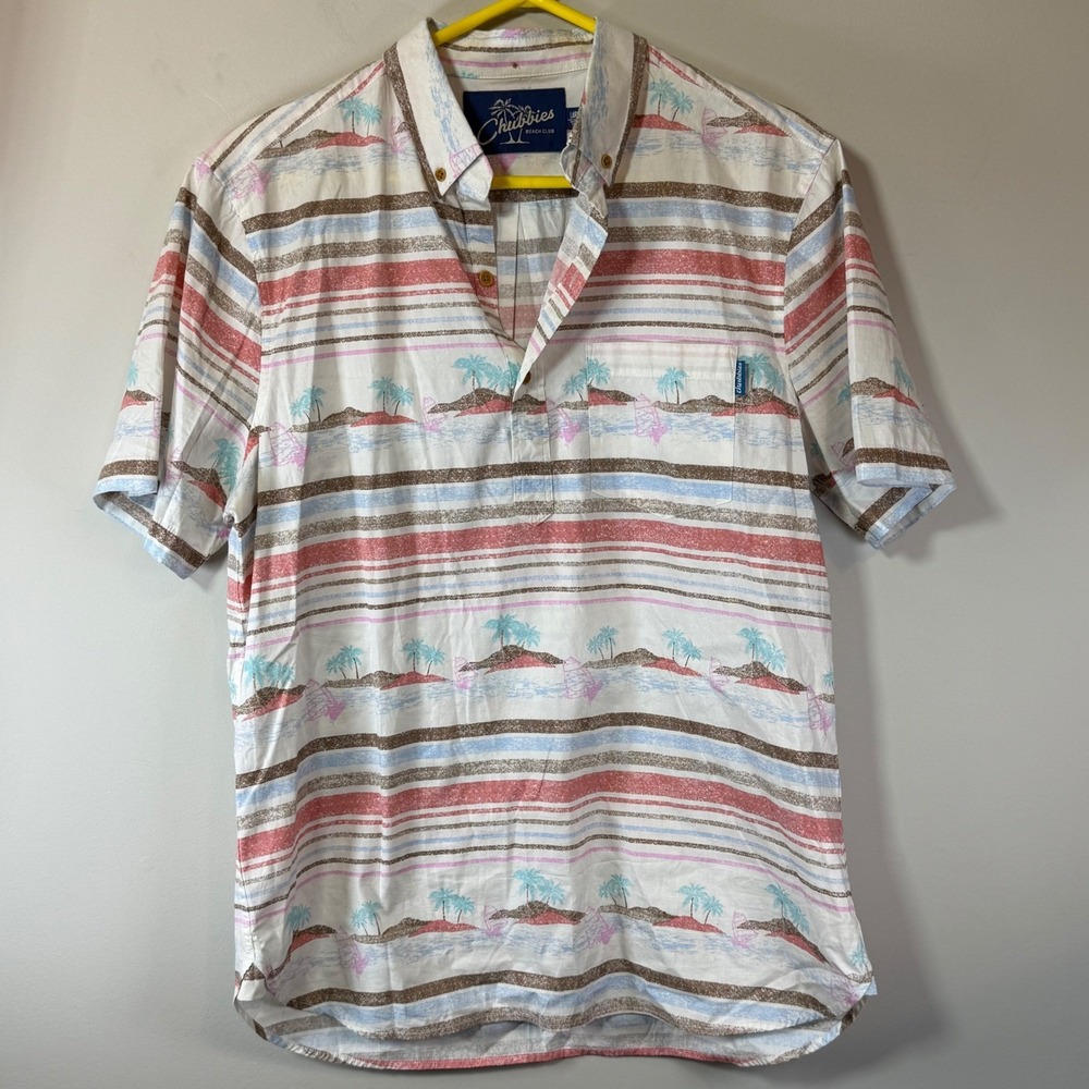 Chubbies Beach Club Popover Shirt Mens Large White Tropical Stripe Resort Vaca - Picture 1 of 7